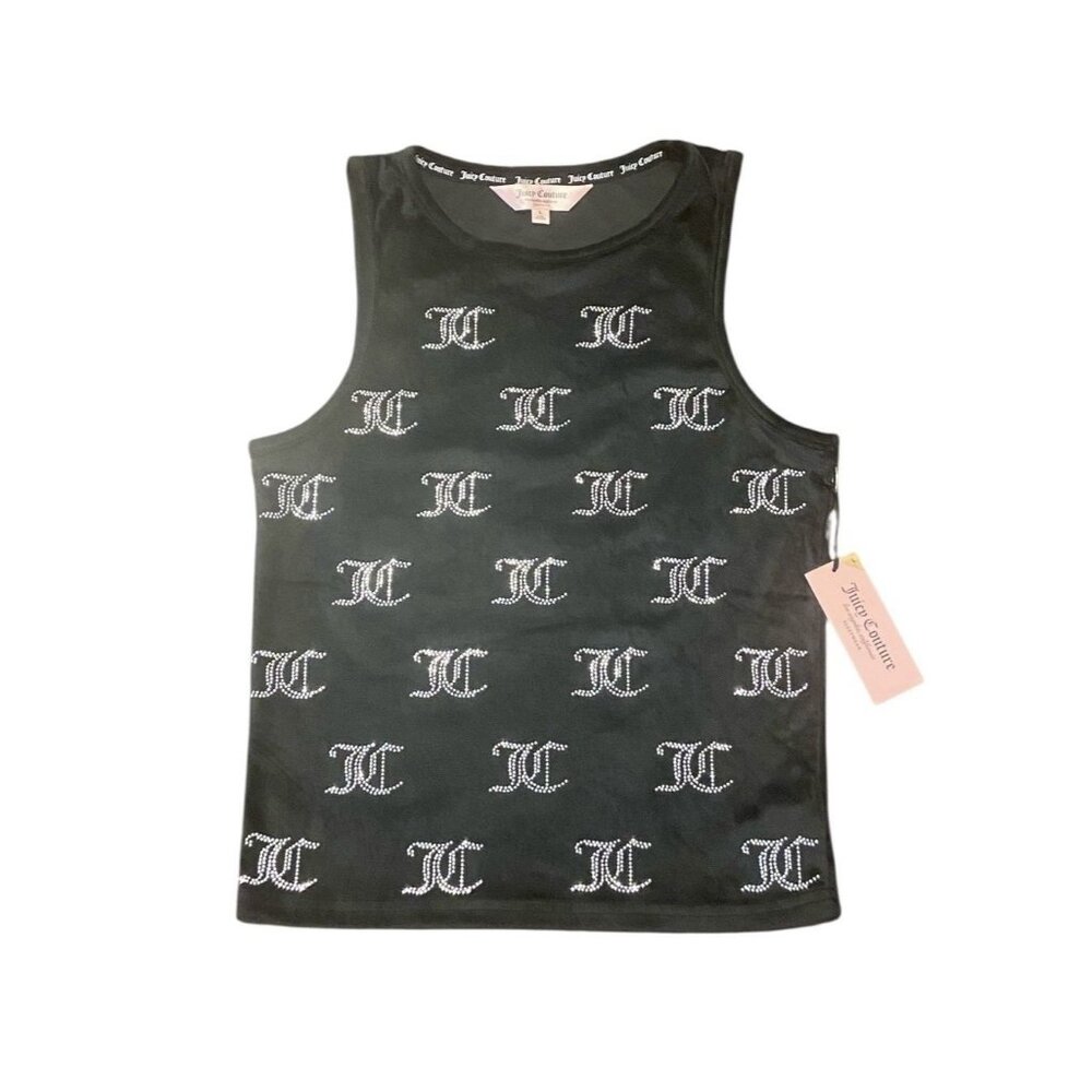 Juicy Couture Bling Logo Velour‎ Racerback Tank L Black Sleepwear Y2K Crop NWT